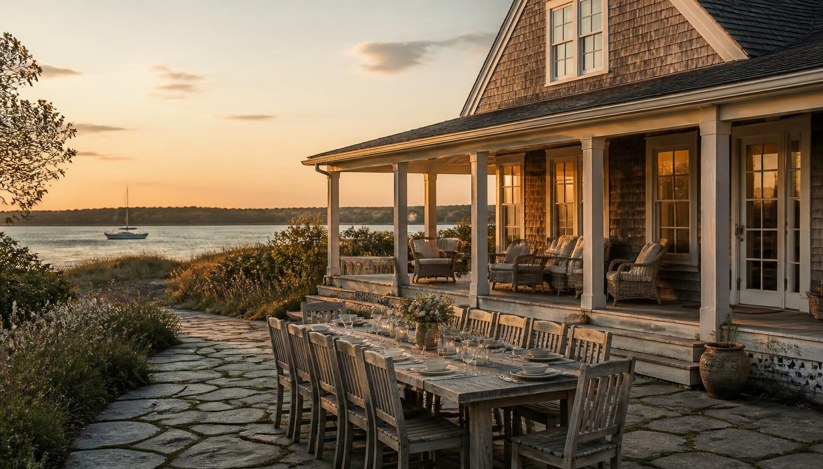 Coastal shingled house at golden hour with a long table set for a group dinner